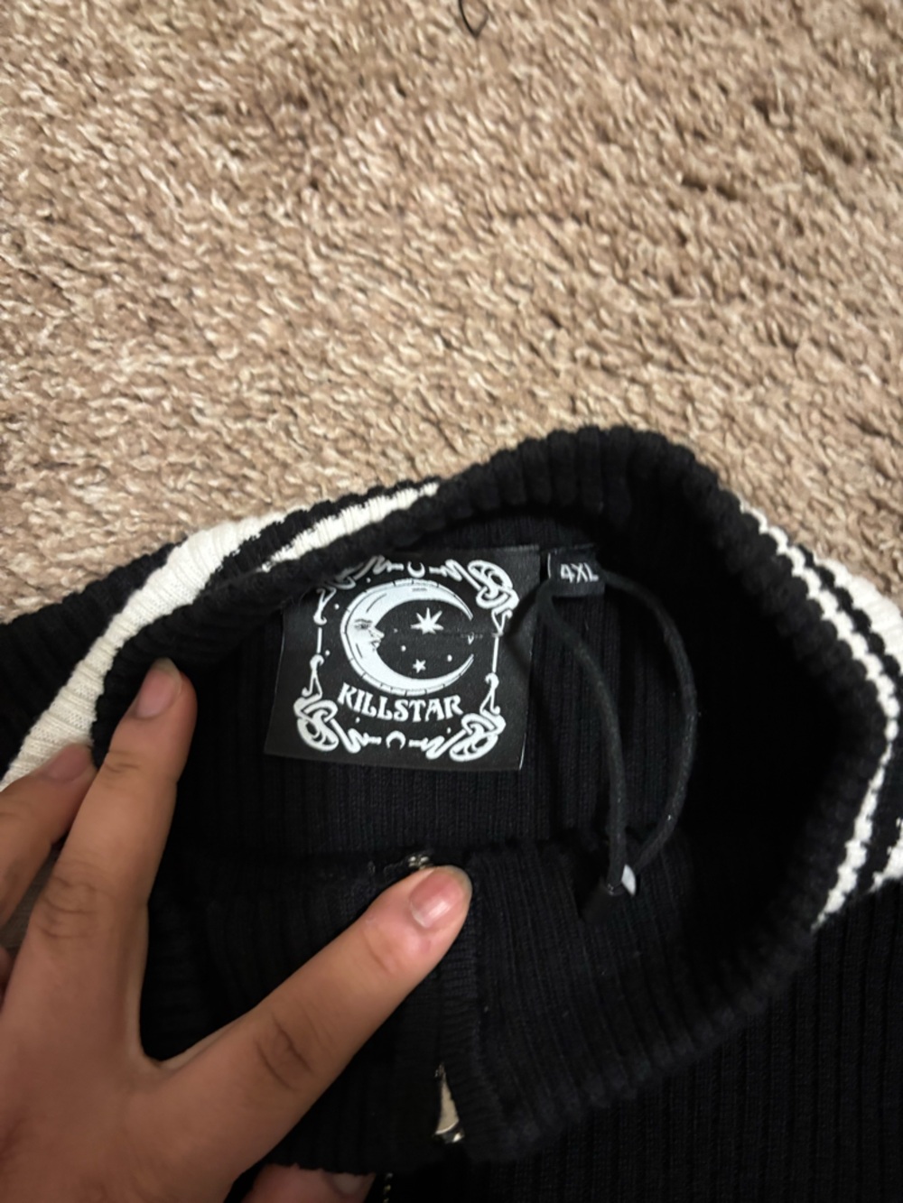 Killstar Black Cropped Zip-Neck Sweater with White Stripe Accents - Picture 5 of 6